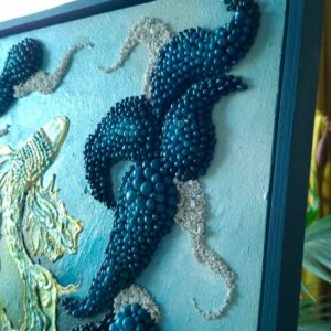 In the Current – Original sculptural mixed media wall art, 49 x 63 cm framed 3D handmade contemporary artwork in blue tones, available for sale in Ireland.