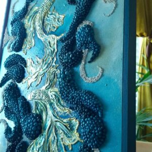 In the Current – Original sculptural mixed media wall art, 49 x 63 cm framed 3D handmade contemporary artwork in blue tones, available for sale in Ireland.