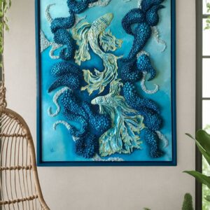 In the Current – Original sculptural mixed media wall art, 49 x 63 cm framed 3D handmade contemporary artwork in blue tones, available for sale in Ireland.