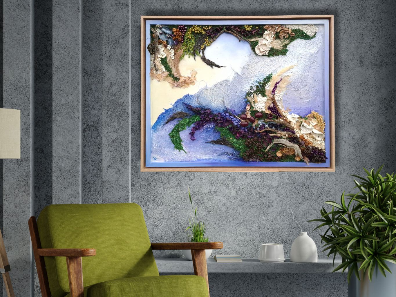 The Horizon of Roots – large original mixed media wall art, 80 x 64 cm framed sculptural artwork with natural textures, available for sale in Ireland.