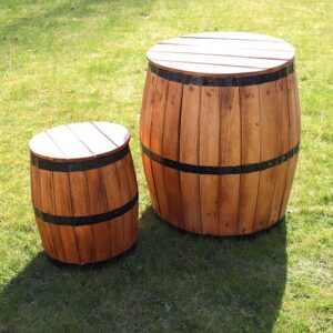 Beer Barrel Storage Stool Ireland – rustic natural wood barrel stool with hidden storage, ideal for home bars and garden rooms. Fast Ireland delivery.