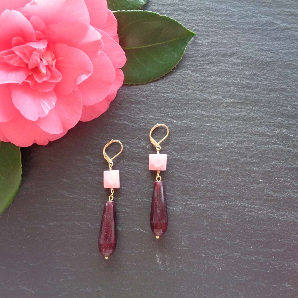 Faceted Rhodonite & Wine Quartz Drop Earrings | Pink & Burgundy Gemstone Dangle Earrings | Statement Earrings