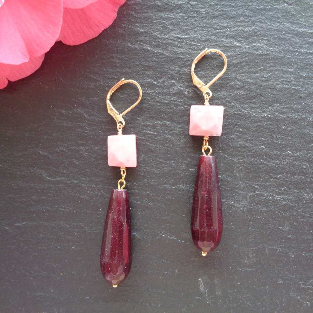 Faceted Rhodonite & Wine Quartz Drop Earrings | Pink & Burgundy Gemstone Dangle Earrings | Statement Earrings - Image 2