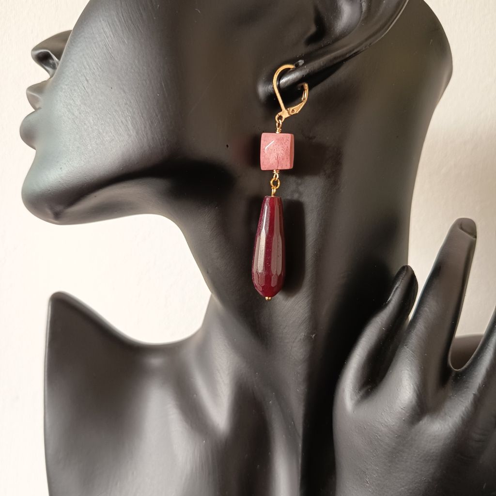 Faceted Rhodonite & Wine Quartz Drop Earrings | Pink & Burgundy Gemstone Dangle Earrings | Statement Earrings - Image 4