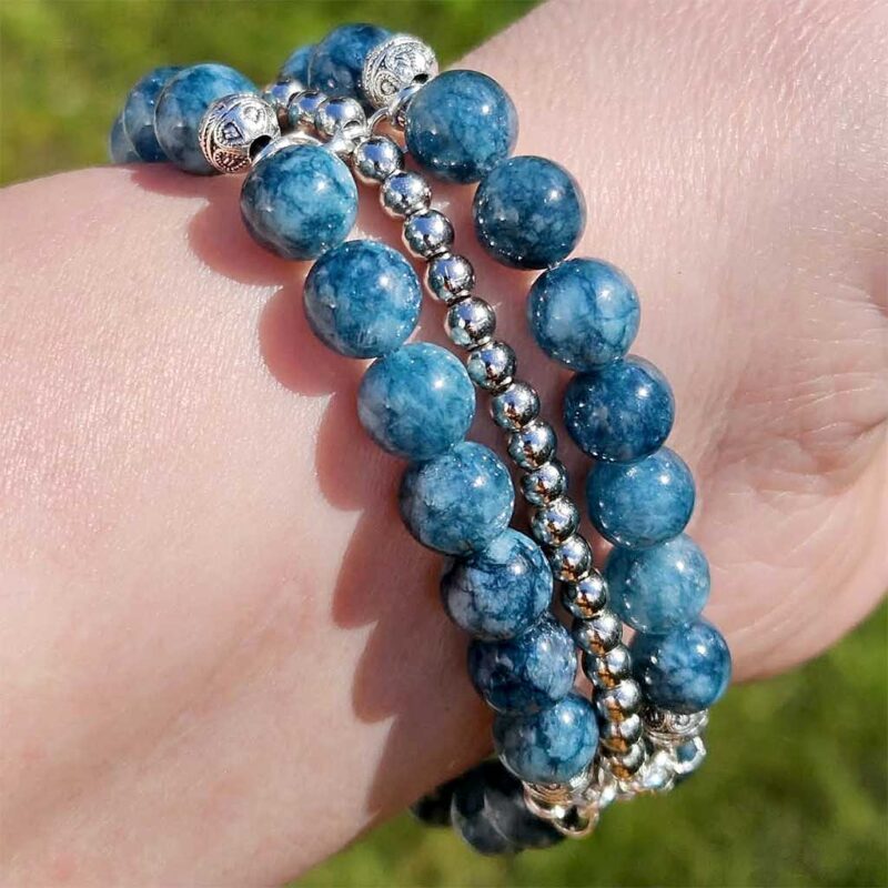 Deep ocean blue chalcedony triple stack bracelet. A calming handmade gift for her, perfect for birthdays, anniversaries, Mother’s Day and special occasions.