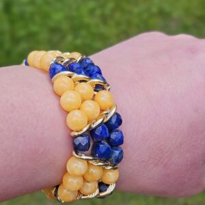 Lapis lazuli and golden quartz statement cuff bracelet. A bold luxury handmade gift for her for birthdays, Christmas, anniversaries and special occasions.