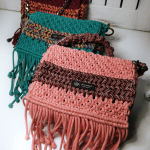 Handmade macrame fringe shoulder bag Ireland colourful cotton cord boho style with braided strap and bead detail