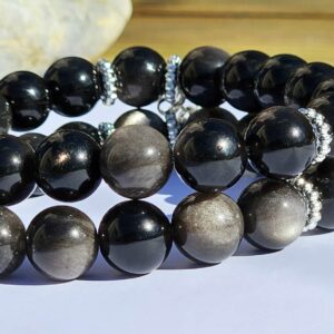 Silver sheen obsidian triple row bracelet with natural flash. A bold protective handmade gift for her for birthdays, Christmas and special occasions.