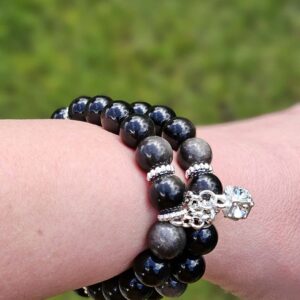 Silver sheen obsidian triple row bracelet with natural flash. A bold protective handmade gift for her for birthdays, Christmas and special occasions.