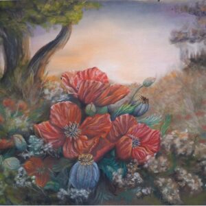 Dreamy floral soft pastel painting with warm red blooms and soft landscape background