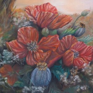 Dreamy floral soft pastel painting with warm red blooms and soft landscape background