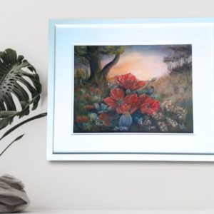 Dreamy floral soft pastel painting with warm red blooms and soft landscape background