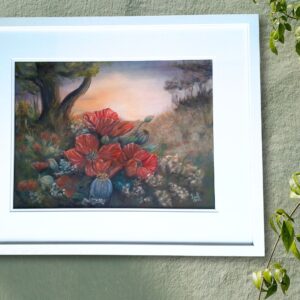 Rusty Blooms original soft pastel poppy flower artwork in dreamy landscape, framed fine art painting, earthy red tones, white frame wall art Ireland