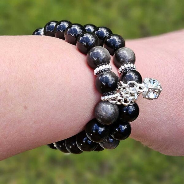 Silver sheen obsidian triple row bracelet with natural flash. A bold protective handmade gift for her for birthdays, Christmas and special occasions.
