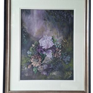 Soft pastel floral painting featuring purple and blush flowers in a vintage-style setting, framed and ready to hang.