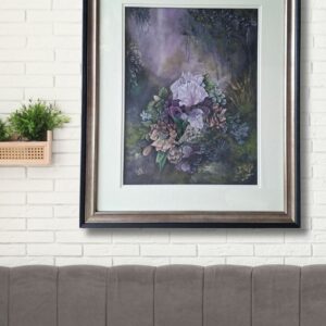 Soft pastel floral painting featuring purple and blush flowers in a vintage-style setting, framed and ready to hang.