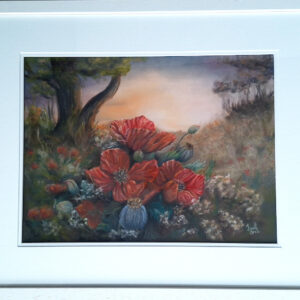 Dreamy floral soft pastel painting with warm red blooms and soft landscape background