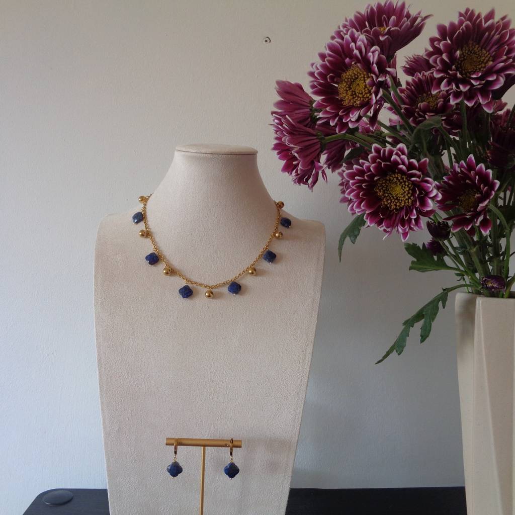 Faceted Lapis Lazuli Alhambra Necklace & Earrings Set | Gold Stainless Steel Jewellery | Blue Gemstone Clover Set | Handmade Statement Jewellery