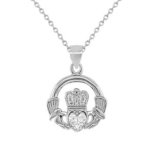 Sterling silver Claddagh pendant with Clear CZ, hallmarked in Dublin. A meaningful Irish Galway gift symbolising love, loyalty & friendship – ideal for communion, confirmation & birthdays. Tracked shipping from Ireland.
