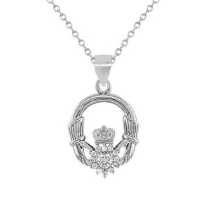 Irish Claddagh pendant necklace in sterling silver with clear CZ. Hallmarked in Dublin Castle, perfect gift for communion, confirmation, birthdays & everyday wear. Ships from Ireland via tracked An Post.