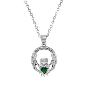 Sterling silver Claddagh pendant with emerald CZ, hallmarked in Dublin. A meaningful Irish Galway gift symbolising love, loyalty & friendship – ideal for communion, confirmation & birthdays.