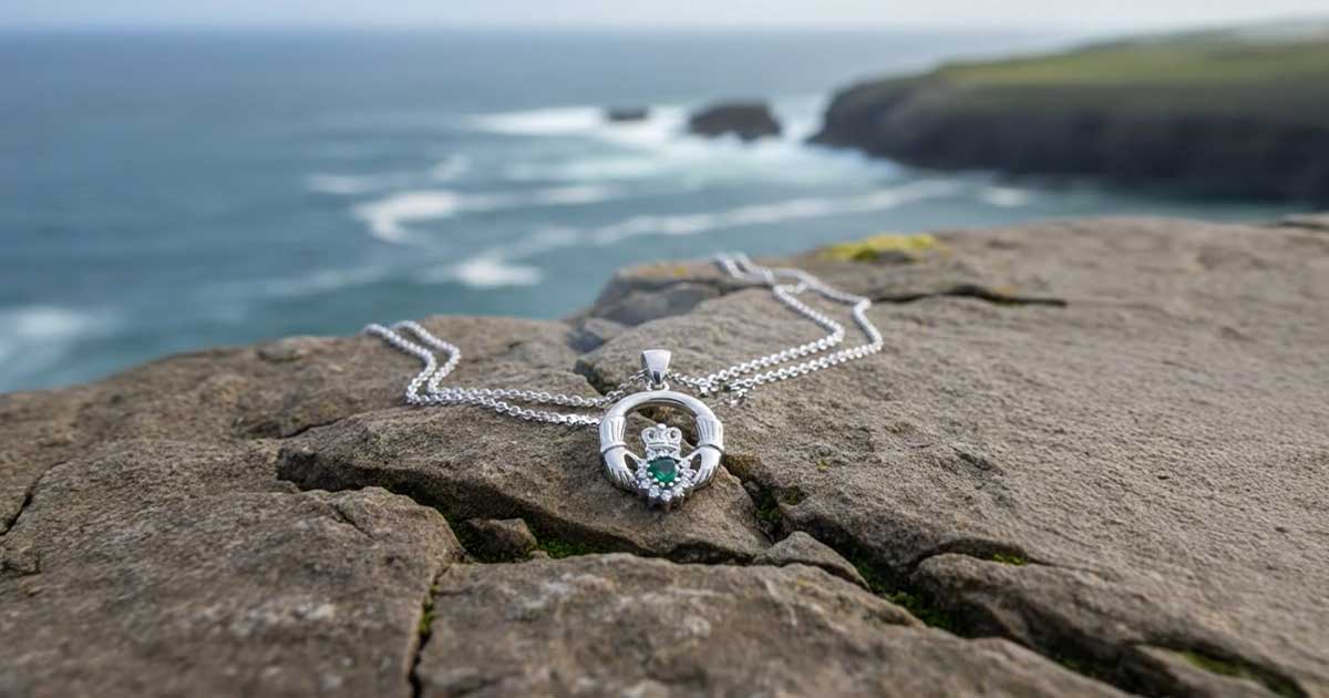 Sterling silver Claddagh pendant with emerald CZ, hallmarked in Dublin. A meaningful Irish Galway gift symbolising love, loyalty & friendship – ideal for communion, confirmation & birthdays.