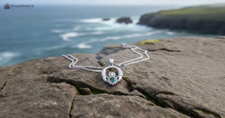 Sterling silver Claddagh pendant with emerald CZ, hallmarked in Dublin. A meaningful Irish Galway gift symbolising love, loyalty & friendship – ideal for communion, confirmation & birthdays. Tracked shipping from Ireland with An Post.
